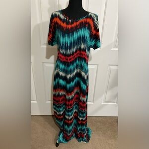 LuLaRoe L Maria Teal Multicolor Wave-Print Maxi Dress